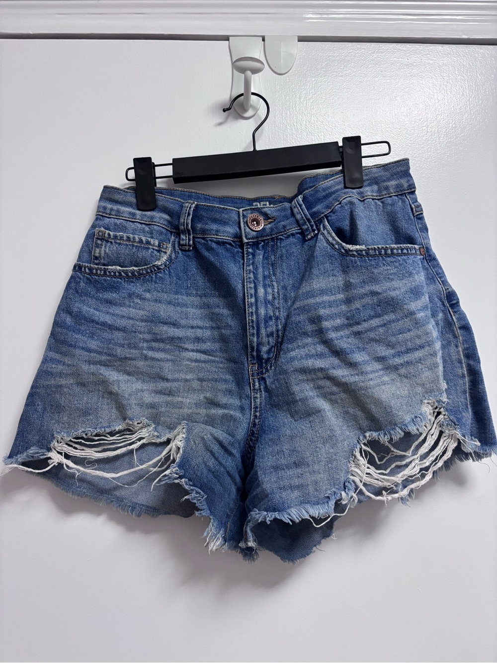 Distressed High-Waist Denim Shorts - Blue